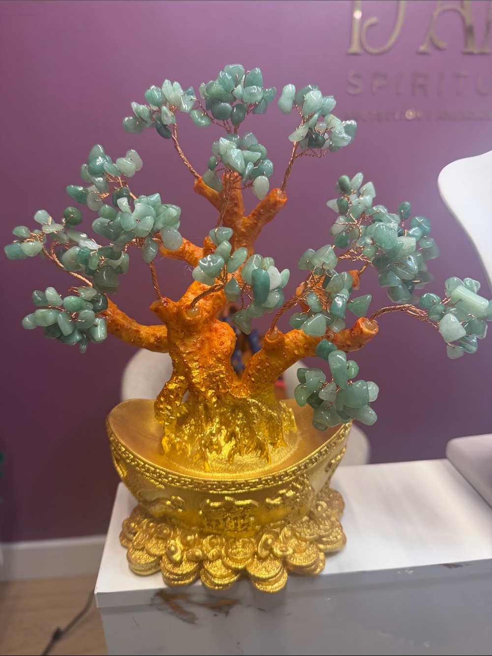 Green Gemstone Money Tree in Gold Base